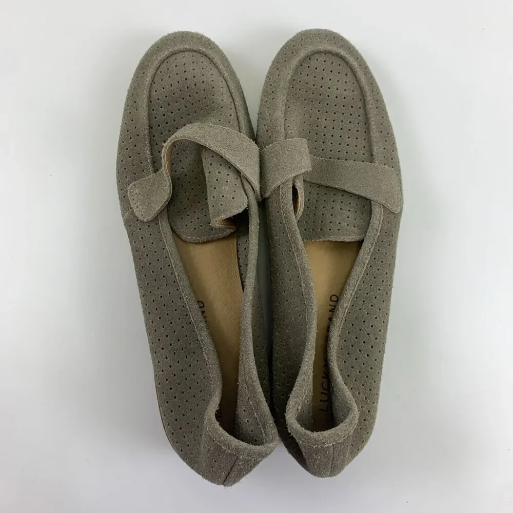 Lucky Brand Caviep Loafer Taupe Gray Suede Perforated Slip On Low Heel Women 8.5